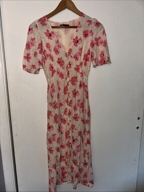 Zara Cream Midi Dress with Pink Floral Print